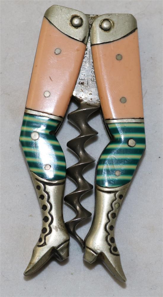 A German enamelled brass stockinged legs corkscrew, 2.75in.